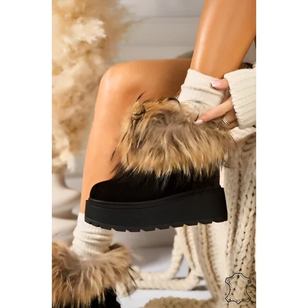 Cizme UGGuri Fox Fur Negre din Piele cu Platforma