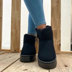 Cizme UGGuri Dama Piele Clasic Mini Negre Platforma cu Nasture 