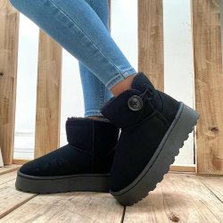 Cizme UGGuri Dama Piele Clasic Mini Negre Platforma cu Nasture 